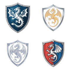 Dragon shield icons in heraldic style with various colors  