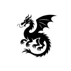 Black dragon silhouette with wings and curled tail on white background  