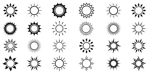 sun icons set, sunshine and solar glow, sunrise or sunset. Decorative circle full and half suns and sunlight collection. Hot solar energy for tan. Sun weather symbol collection. Sunshine. 