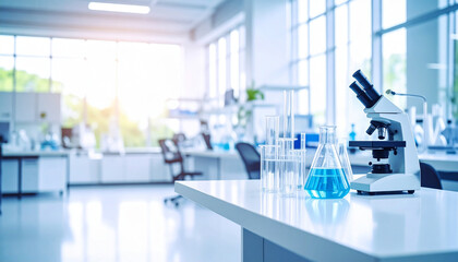 Glass flask and test tube in research science lab background. Concept of technology development and research.