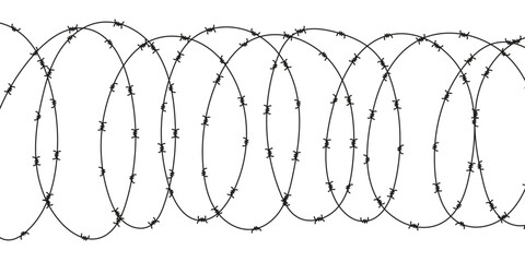 Barbed wire vector border. Metal barb fence silhouette in minimal style. Prison, war or security concept. Chain wire line background. Isolated barbwire design.