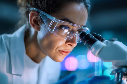 Female scientist viewing sample through microscope in laboratory. An inspiring close-up of scientific discovery. Scientific research, medical innovation, clinical study.