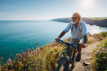 Senior man riding bike on coastal trail with beautiful ocean view. A scenic shot of active retirement and outdoor enjoyment. Sunny exploration, healthy lifestyle, picturesque landscape.