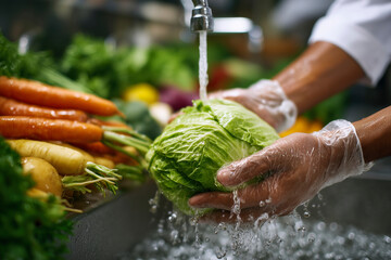 Chef washing fresh cabbage head under running water. A close-up shot showcasing the freshness. Food safety, healthy eating, kitchen hygiene.