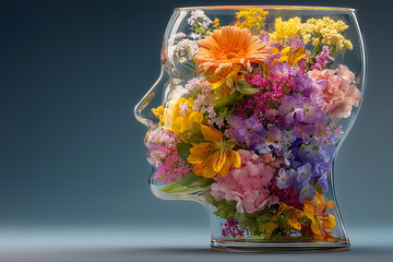 Glass Head Filled with Colourful Flowers Symbolising Creativity, Growth, and Mental Wellness