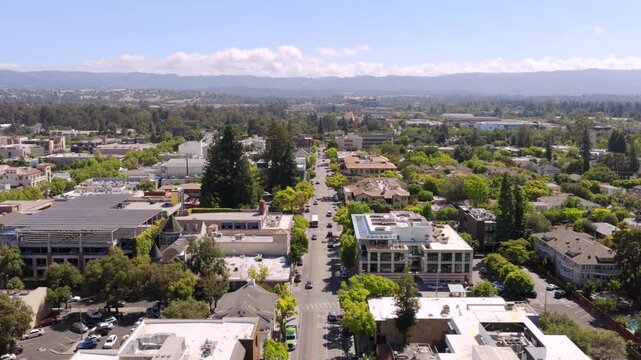 Palo Alto California - Aerial Approach Down Lytton Ave in Downtown Palo Alto on Summer Day 