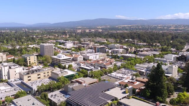 Palo Alto - Aerial Reverse Over Downtown Palo Alto and University Ave