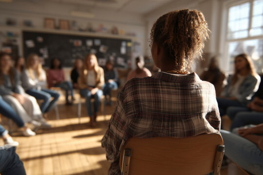 Woman with curly hair sits in group therapy session in classroom. An inclusive snapshot showing care and unity. Support system, psychological help, community.