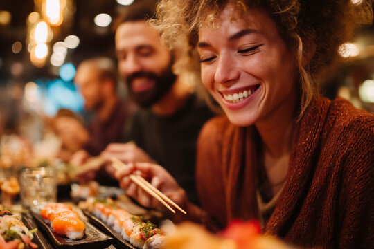 Friends at a sushi restaurant, enjoying Japanese cuisine. An intimate close-up captures genuine joy. Culinary experience, fine dining, happy gathering.