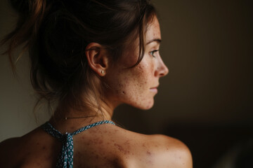 Woman poses in profile view with skin condition in studio. An intimate close-up focused on natural beauty. Self acceptance, body positivity, inner peace.