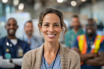 Smiling nurse with diverse team in background. A professional headshot conveying confidence and teamwork. Healthcare professionals, medical staff, workplace diversity.