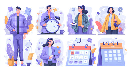 Fototapeta premium Schedule set. Characters using artificial intelligence generative tools for time management. Scheduling, task performance, calendar organizing concept. 