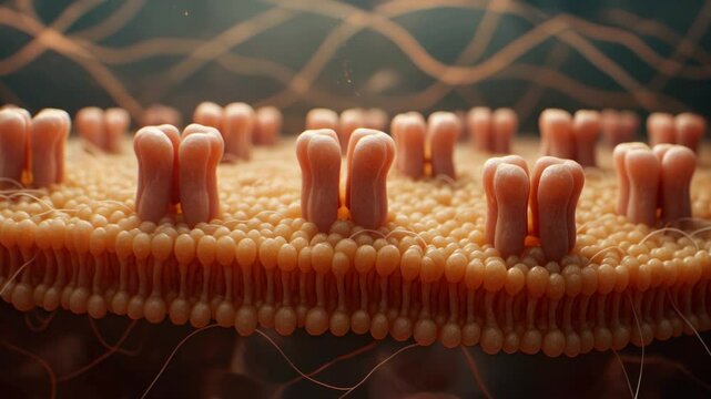 Ion channels opening and closing in cell membrane