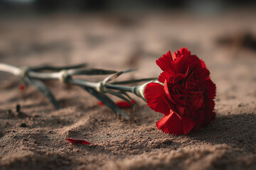 A red carnation lies on sandy ground, delicate petals scattered. A poignant still life evoking memory and loss. Remembrance, tribute, memorial.