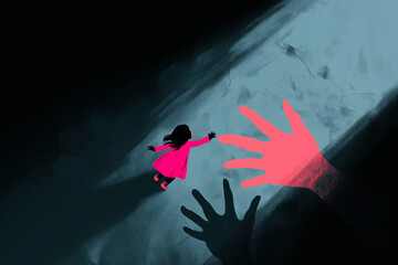 Little girl reaching for a helping hand in the darkness. An artistic rendering of guidance and support. Hope, childhood, insecurity.