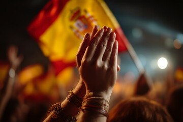 Hands clapping with Spanish flag at concert. Celebration and patriotism in the crowd. National pride, cultural identity, supporting your team.