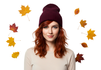 Autumnal Charm A Redheads Embrace of Falls First Chill isolated on transparent baackground