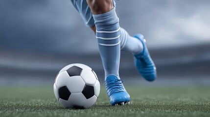 Close up shot of soccer player kicking ball