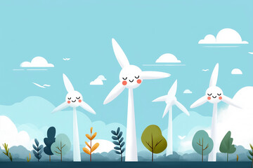 Wind turbines with cute faces in a green energy landscape. An adorable illustration of sustainable power. Eco-friendly, renewable resources, green innovation.