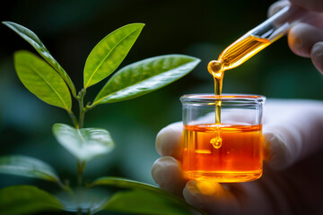 Researcher adds extract with pipette to beaker, on blurred background. Close up of alternative medicine research in laboratory. Herbal medicine, natural organic cosmetics, science.