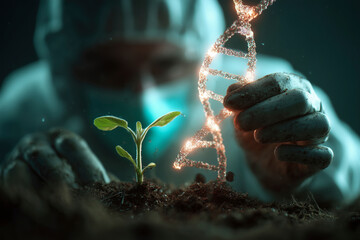 Lab worker examining plant DNA in soil. Close-up shot highlighting the scientific experiment and innovation. Genetic engineering, sustainable agriculture, scientific discovery.