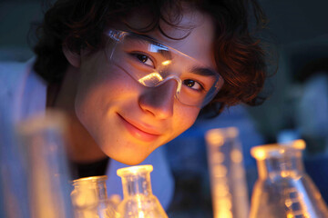 Young scientist in lab coat and safety goggles. An intimate portrait of discovery and curiosity. Scientific research, lab equipment, academic success.