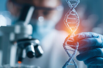 Scientist holding DNA helix near microscope in lab. A dramatic closeup shows dedication and knowledge. Gene research, genetic engineering, medical breakthroughs.