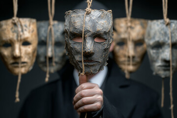 Person Holding a Suspended Mask Among Many, Concealing Identity in a Dark, Mysterious Setting