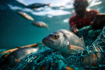 Underwater shot of silver fish caught in net near surface. A close-up picture of marine life and commercial fishing. Sustainable seafood, ocean conservation, environmental impact.