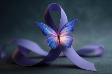 Butterfly on a ribbon, on dark backdrop. An inspiring still life of delicate beauty. Symbol of hope, awareness ribbon, metamorphic change.