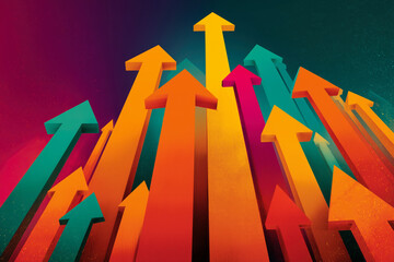 Group of colorful arrows pointing upward against a textured background. A visual representation of growth and progression. Business success, positive trend, upward mobility.