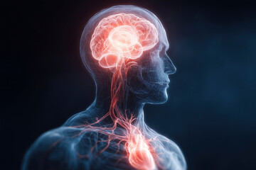 Human brain anatomy with highlighted areas. A conceptual render depicting medical science. Cognitive function, anatomical study, neurological research.