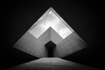 Abstract concrete building with triangular opening to cloudy sky in monochrome. An architectural shot with stark, minimalist design. . Structural creativity, geometric design, modern art.