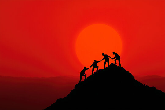 Team helping each other climb mountain at sunset. An illustration of teamwork, trust, and leadership.. Business strategy, mutual assistance, success concept. - Powered by Adobe