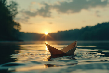 Paper boat floating on water at sunset with trees in background. An idyllic scene of hope and freedom. Serene journey, childhood dream, peaceful escape.