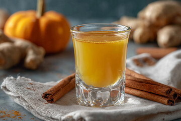 clear shot glass filled with golden ginger-lemon drink, placed on a linen napkin with cinnamon sticks and a mini pumpkin in the background