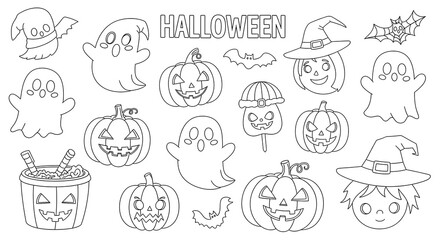 Collection of halloween outline drawings with pumpkins ghosts bats and witches hats isolated on transparent background