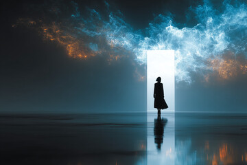 Silhouette of a Woman Standing at a Glowing Doorway in a Surreal Dreamlike Landscape