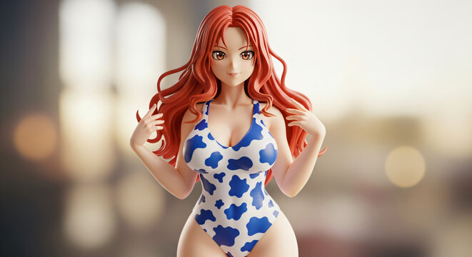 Anime-style 3D model girl with long red hair, wearing a blue and white patterned swimsuit with a cow print design. The background is blurred, giving focus to the figure itself.
