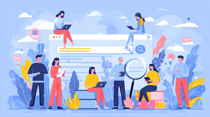 Search concept set. Collection of characters using artificial intelligence generative tools for searching or browsing internet. SEO concept. Vector illustration. 