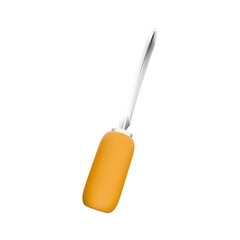 A flathead screwdriver with an orange handle, used for driving screws with a straight, flat blade.