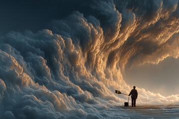 Man with a Giant Paintbrush Standing Before Towering, Glowing Storm Clouds in a Surreal Landscape