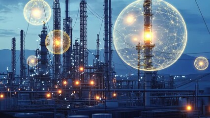 Bursting spheres of energy hover over industrial zones illustrating the strained connections and lost opportunities in global trade due to rising tensions a nations.