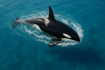 Fototapeta premium A majestic killer whale, with its distinctive black and white markings, gracefully surfaces in the vibrant blue ocean, creating a ripple of white water