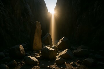 Irregular Standing Rocks Illuminated by Sunlight Piercing a Narrow Mountain Gap