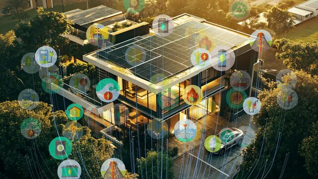 Distributed energy generation concept. Sustainable power from solar panels and wind turbines, stored in central battery for electricity distribution.