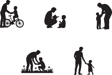 Father and son silhouettes father teaching child riding bicycle reading book family