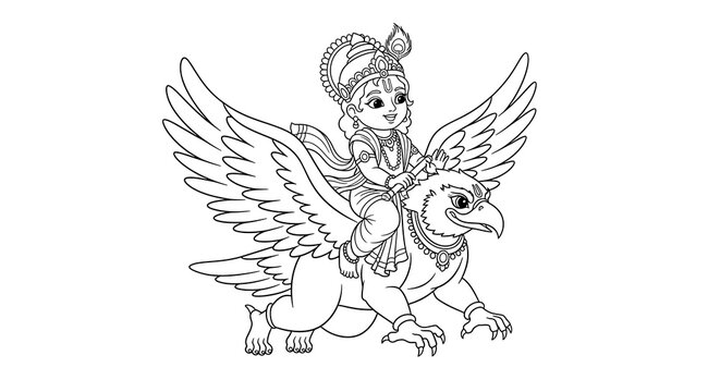 Cute cartoon krishna riding a garuda bird with wings spread isolated on transparent background