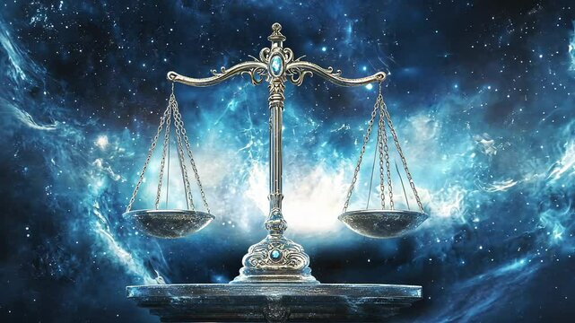 Silver Libra zodiac scales glowing in cosmic galaxy background with mystical balance and starry energy