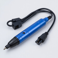 Blue Soldering Iron with Black Cable and Plugs on White Background